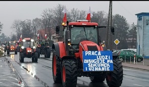 Ciągniki rolnicze jadą ulicą.